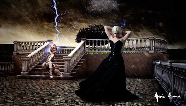 Compositing di scena renderizzata e fondali reali e personaggi.