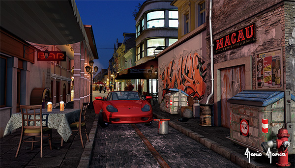Compositing di strada di periferia verso l'abitato di un centro urbano