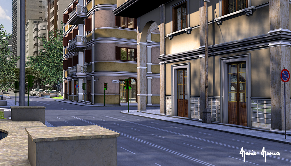 Strada urbana grande città, simulazione architetture