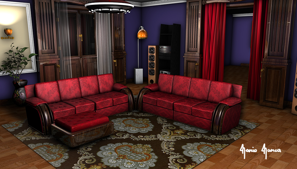 Classico salotto damascato rosso in ambiente classico