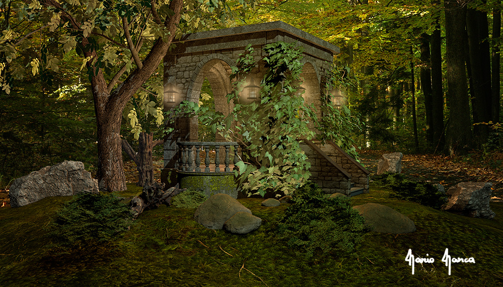 Simulazione di ambientazione di tempio nel bosco